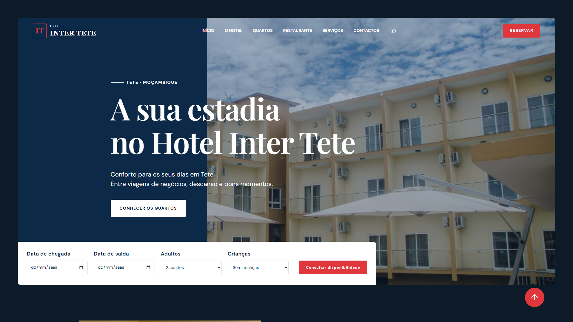 Website do Hotel Inter Tete com página inicial, quartos, restaurante e galeria de imagens.